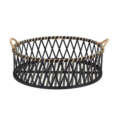 Image showing  Round Woven Bamboo Trays with Rattan Handle Accent (Set of 2)