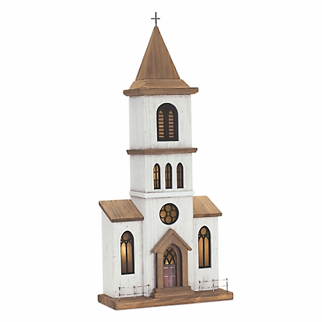 Melrose International Lighted Natural Wooden Church Display with Rustic Metal Accents