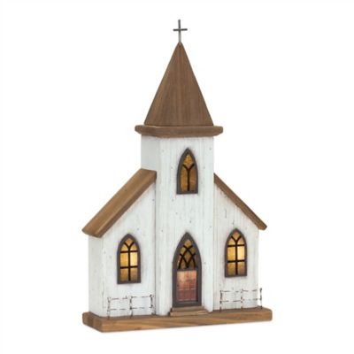 Melrose International Lighted Natural Wooden Church Display with Rustic Metal Accents