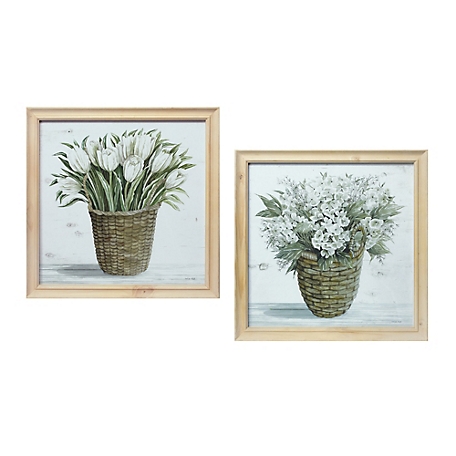 Melrose International Wood Framed Floral Basket Print (Set of 2)