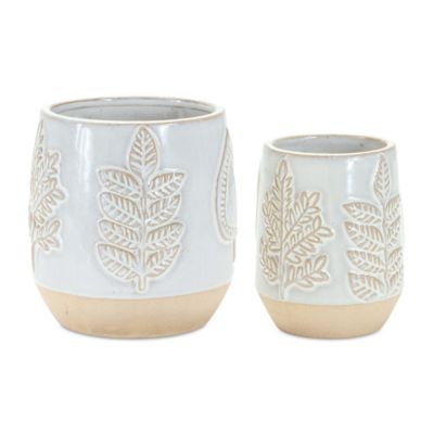 Melrose International Two Tone Porcelain Planter with Leaf Design (Set of 2)