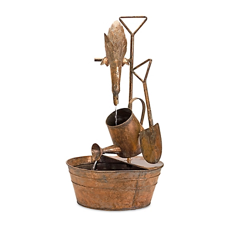Melrose International Rustic Metal Fountain with Duck and Watering Can