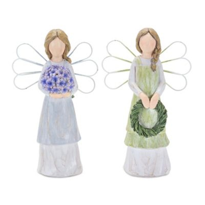 Melrose International Farmhouse Angel Figurine with Floral Accent (Set of 2)