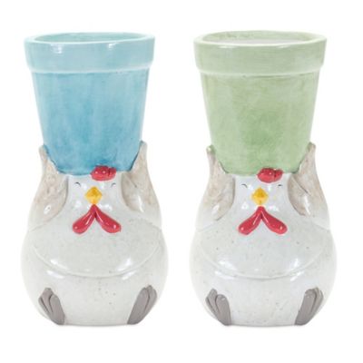 Melrose International Whimsical Terra Cotta Chicken with Flower Pot (Set of 2)