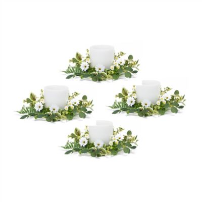 Melrose International 17 in. Mixed Foliage and Daisy Candle Ring (Set of 4)