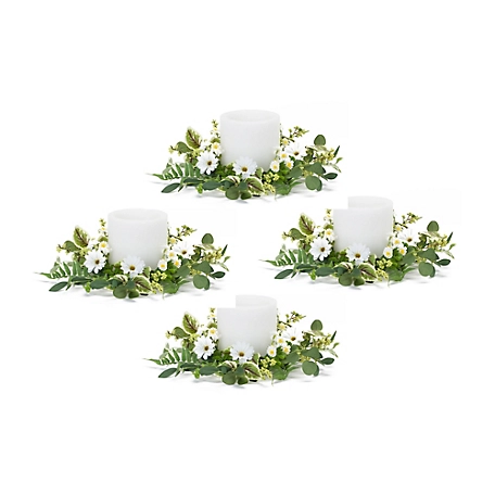 Melrose International 17 in. Mixed Foliage and Daisy Candle Ring (Set of 4), 85596