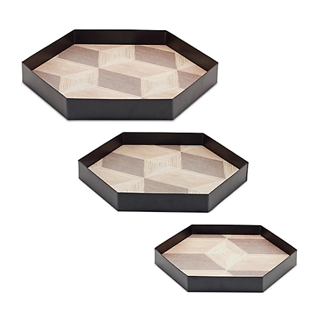Melrose International Geometric Wooden Tray with Metal Accent (Set of 3)