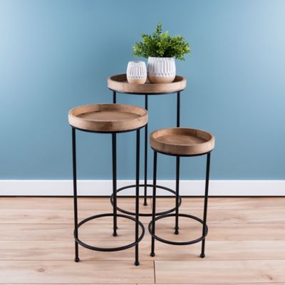 Image showing  Round Wood and Metal Plant Stand Table (Set of 2)