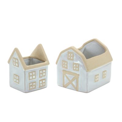 Melrose International Neutral Porcelain House Planter (Set of 2)