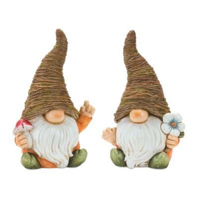 Melrose International Distressed Garden Gnome Statue with Mushroom and Flower Accent (Set of 2), 85799