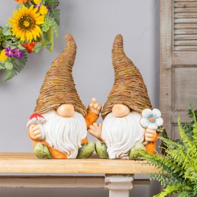 Image showing  Distressed Garden Gnome Statue with Mushroom and Flower Accent, 2 pc.