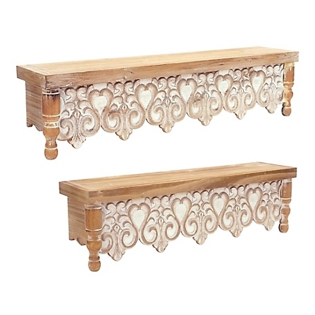 Melrose International Ornamental Wall Shelf with White-Washed Wood (Set of 2)
