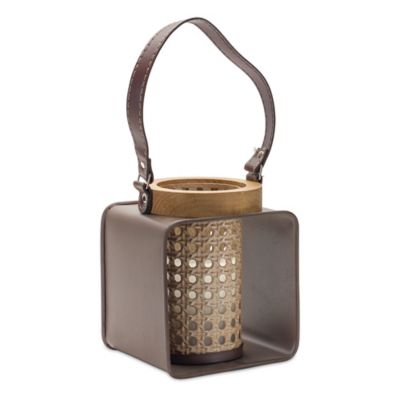 Melrose International Metal Candle Holder with Wood and Leather Accents, 85910