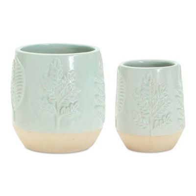 Melrose International Two-Tone Porcealin Planter with Leaf Design (Set of 2)