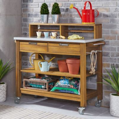 homestyles Maho Brown Potting Bench with Galvanized Steel Top