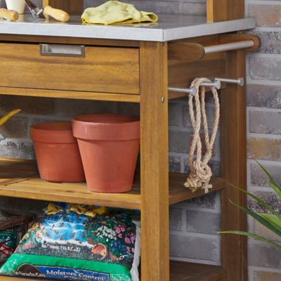 Image showing  2-Drawer Maho Brown Potting Bench with Galvanized Steel Top