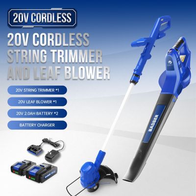 Image showing  20V 10 in. String Trimmer and Sweeper Blower, Includes (2) 2.0 Ah Batteries and Clip-on Charger, 2 pc.