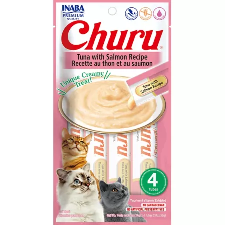 Inaba Churu Tuna with Salmon Lickable Recipe Creamy Pureed Cat Treats 2 oz 4 ct Cat Lickable Treats