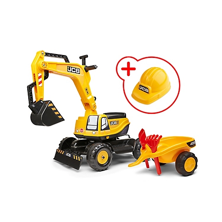 Falk JCB Wheeled Excavator with Trailer & access, construction manager helmet, Ride-on 3-7 years