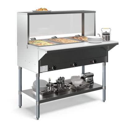 KoolMore Three Pan Open Well Electric Steam Table with Undershelf and Sneeze-Guard, KM-OWS-3SG