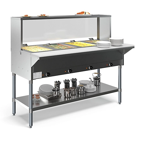 KoolMore Four Pan Open Well Electric Steam Table with Undershelf and Sneeze-Guard, KM-OWS-4SG