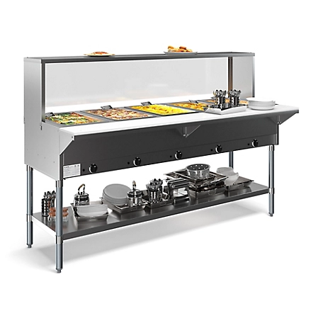 KoolMore Five Pan Open Well Electric Steam Table with Undershelf and Sneeze-Guard, 240V., KM-OWS-5SG