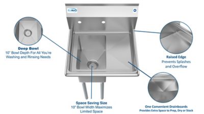 Image showing  23 in. One Compartment Stainless Steel Commercial Sink with Drainboard, Bowl Size 10 x 14 x 10 in., SA101410-10R3