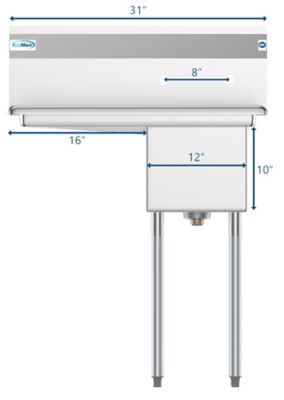 Image showing  31 in. One Compartment Stainless Steel Commercial Sink with Drainboard, Bowl Size 12 x 16 x 10 in., SA121610-16L3