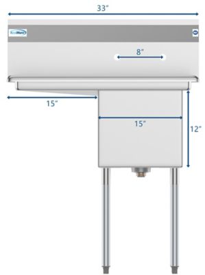 Image showing  33 in. One Compartment Stainless Steel Commercial Sink with Drainboard, Bowl Size 15 x 15 x 12 in., SA151512-15L3
