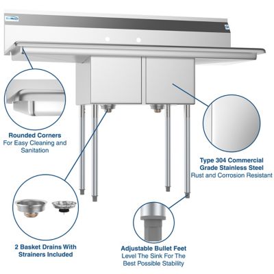 Image showing  56 in. Two Compartment Stainless Steel Commercial Sink with 2 Drainboards, SB121610-16B3