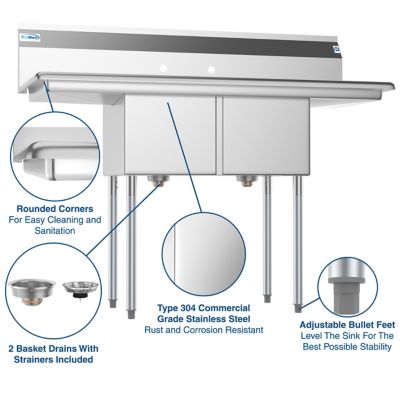 Image showing  52 in. Two Compartment Stainless Steel Commercial Sink with 2 Drainboards, SB141611-12B3