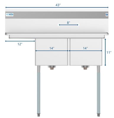 Image showing  43 in. Two Compartment Stainless Steel Commercial Sink with Drainboard, Bowl Size 14 x 16 x 11 in., SB141611-12L3