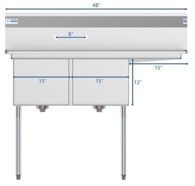 Image showing  48 in. Two Compartment Stainless Steel Commercial Sink with Drainboard, Bowl Size 15 x 15 x 12 in., SB151512-15R3