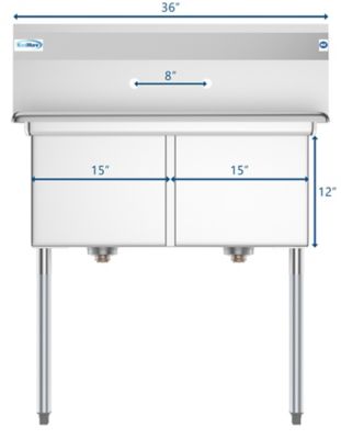 Image showing 6 th KoolMore 36 in. Two Compartment Stainless Steel Commercial Sink, Bowl Size 15 in. x 15 in. x 12 in., SB151512-N3