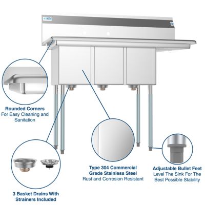 Image showing  45 in. Three Compartment Stainless Steel Commercial Sink with Drainboard, SC101410-12R3