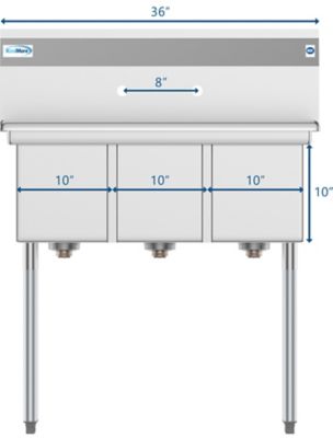 Image showing 5 th KoolMore 36 in. Three Compartment Stainless Steel Commercial Sink, Bowl Size 10 in. x 14 in. x 10 in.