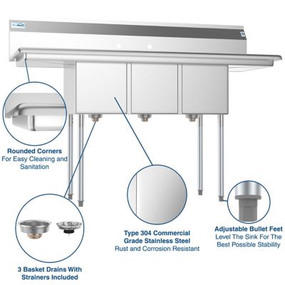 Image showing 5 th KoolMore 60 in. Three Compartment Stainless Steel Commercial Sink with Drainboards, SC121610-12B3
