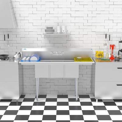 Image showing 6 th KoolMore 60 in. Three Compartment Stainless Steel Commercial Sink with Drainboards, SC121610-12B3