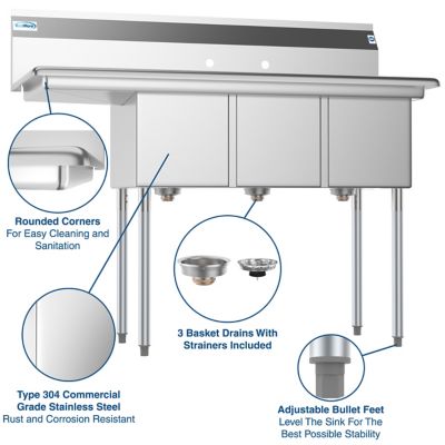 Image showing  51 in. Three Compartment Stainless Steel Commercial Sink with Drainboard, SC121610-12L3