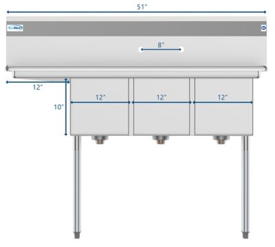 Image showing  51 in. Three Compartment Stainless Steel Commercial Sink with Drainboard, SC121610-12L3