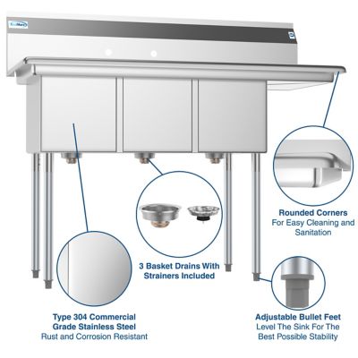 Image showing  51 in. Three Compartment Stainless Steel Commercial Sink with Drainboard, SC121610-12R3