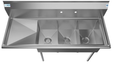 Image showing  55 in. Three Compartment Stainless Steel Commercial Sink with Drainboard
