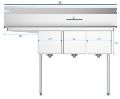 Image showing  55 in. Three Compartment Stainless Steel Commercial Sink with Drainboard