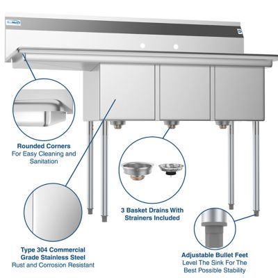 Image showing  55 in. Three Compartment Stainless Steel Commercial Sink with Drainboard