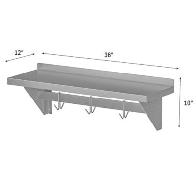Image showing  12 in. x 36 in. 18 Gauge Stainless Steel Heavy Duty Wall Shelf with Pot Rack, WMPS 1236