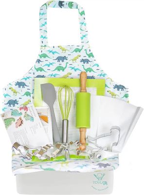 Tovla Jr. Dinosaur Kids Baking Set with Storage Case - Cooking for Kids - Baking Supplies with Decorating Tools Set with Apron