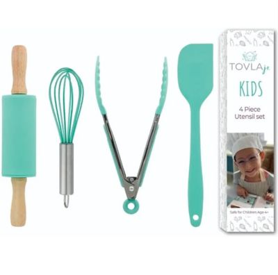 Tovla Jr. Kids Cooking Utensils 4 pc. Set - Toddler Gender Neutral Silicone Cookware with Spatula, Whisk, Tongs & Rolling Pin