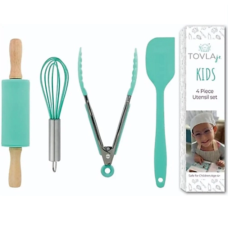 Tovla Jr. Kids Cooking Utensils 4 pc. Set - Toddler Gender Neutral Silicone Cookware with Spatula, Whisk, Tongs & Rolling Pin