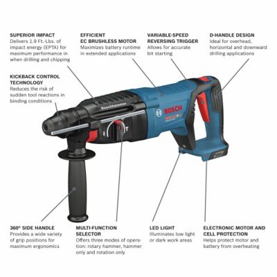 Bosch 18V Brushless 1 in. SDS-Plus D-Handle Rotary Hammer (Bare Tool), GBH18V-26DN