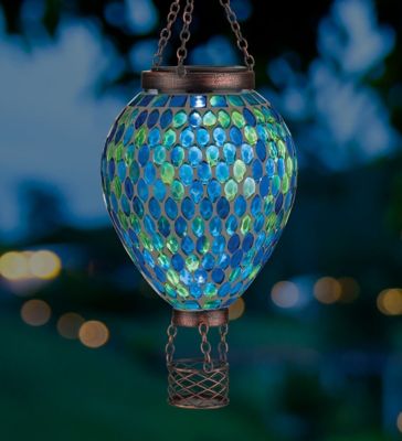 Image showing  15 in. Solar-Powered Mosaic Hot Air Balloon Lantern, Blue